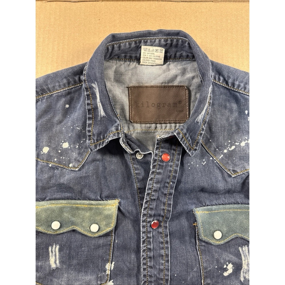 Distressed Western Pearl snap Denim Button-Up Shirt Size Medium, Kilogram - Picture 2 of 9